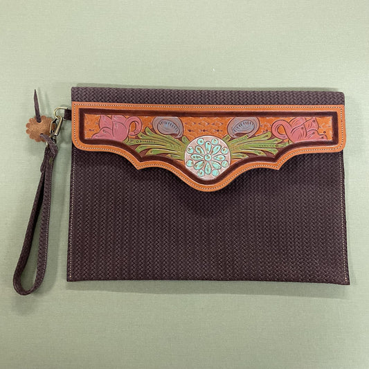 Brown w/ Leather Work- Wristlet