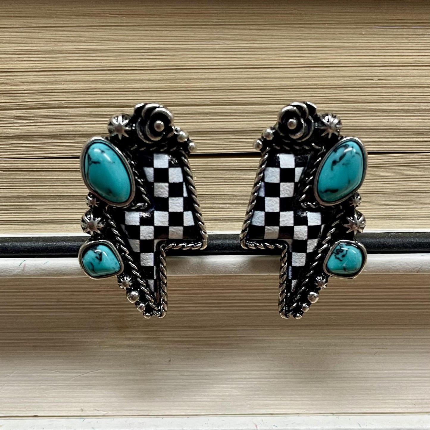 Checkered Lightning Bolt and Turquoise Earrings - Ranchy Roan