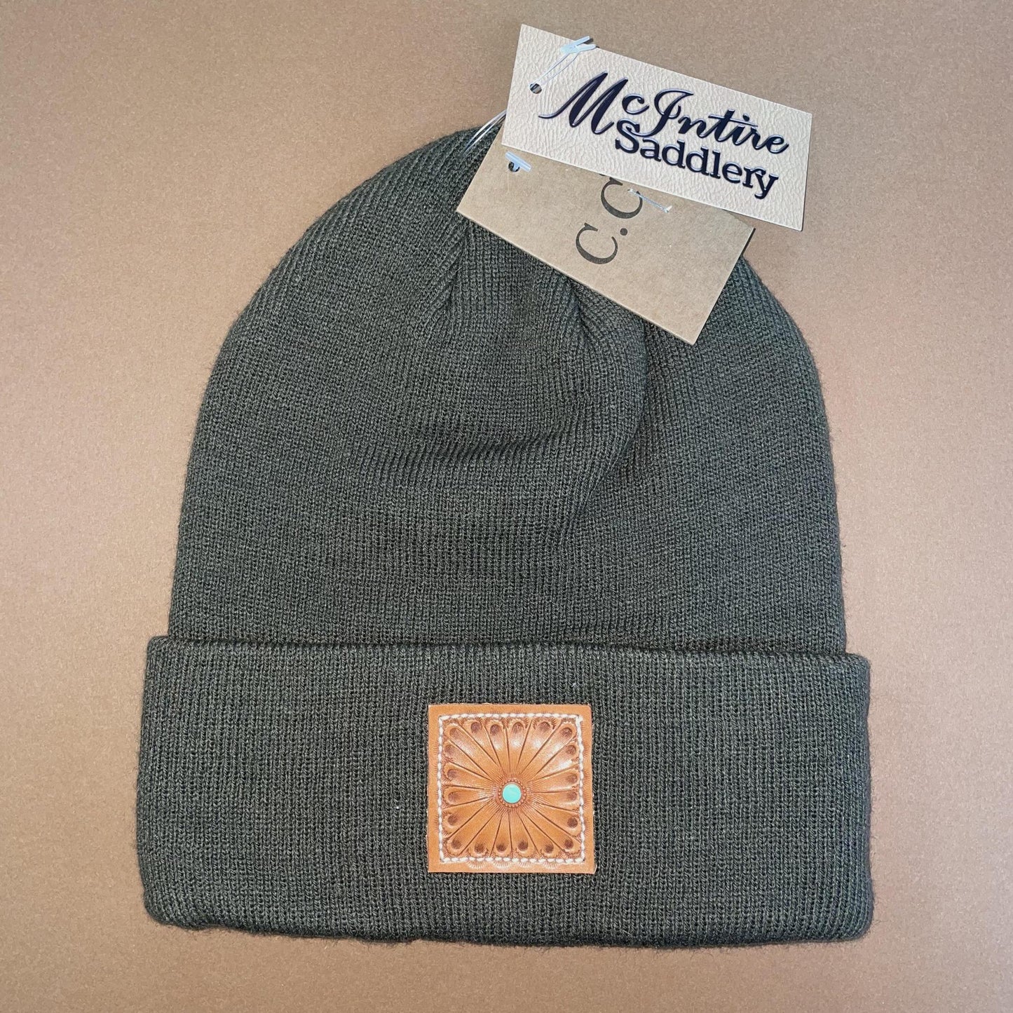 Olive Beanie w Leather Patch- McIntire Saddlery