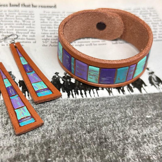 Purple and Turquoise Chunk Leather Cuff - McIntire Saddlery