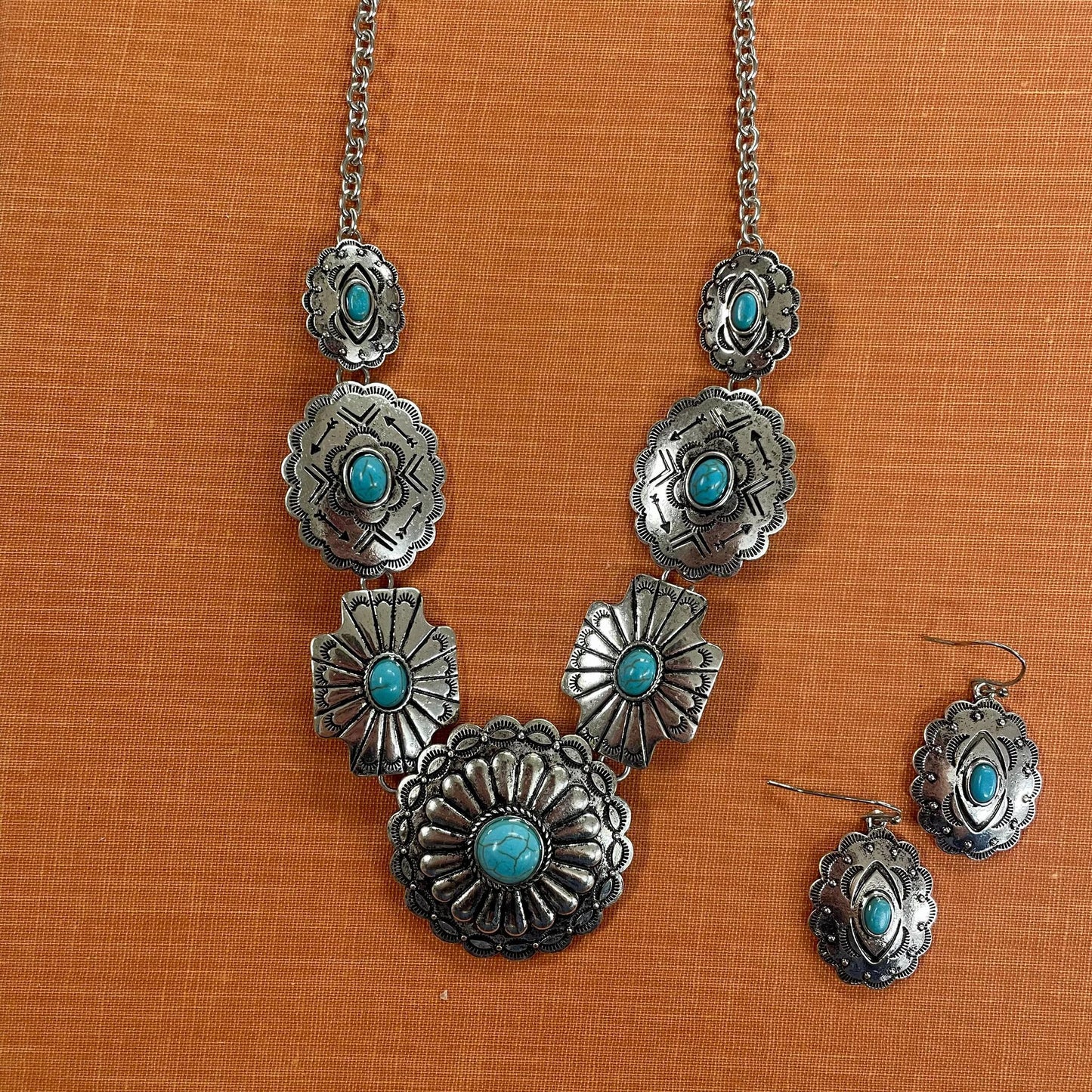 Western Turquoise Concho Link Necklace Set