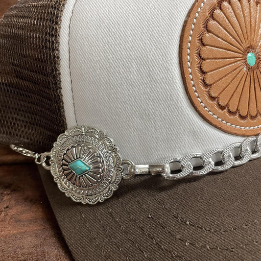 Turquoise and Embossed Silver Oval Trucker Hat Chain