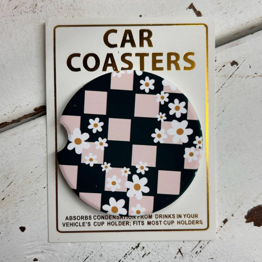 Checkered Daisy Car Coasters-Mugsby