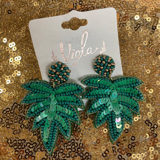 Tropical Leaf Beaded- Earrings- Viola