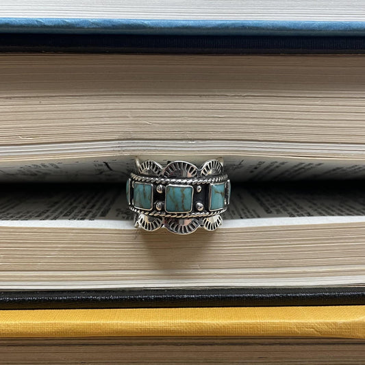 Turquoise Square Scallop Stamped Stacker Ring - Boho Sol