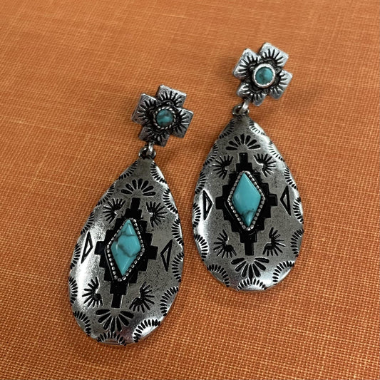 2 Tier Western Turquoise Teardrop Earrings