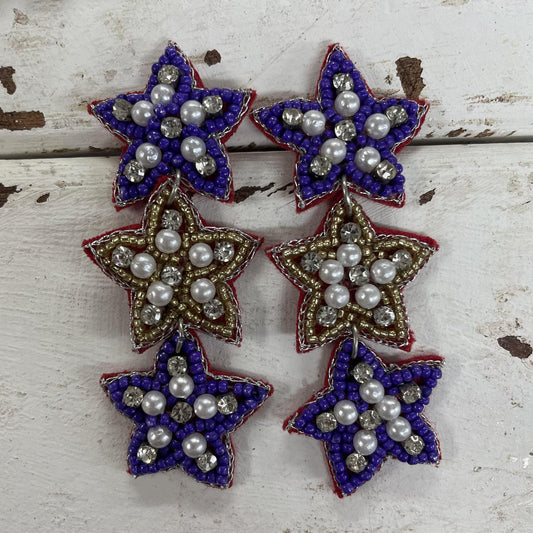 Purple and Gold Seed Bead Star Earrings